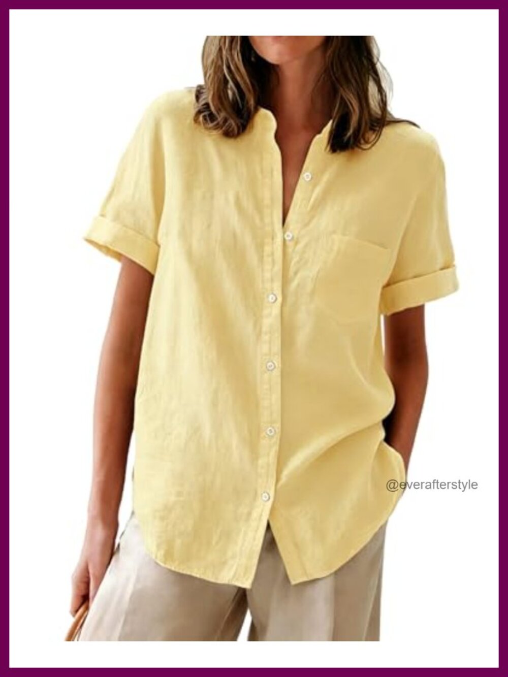 Womens Oxford Button Down Short Sleeve V Neck Collared Blouse with Pocket